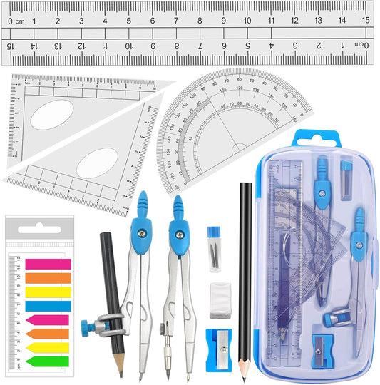 Professional Geometry Starter Kit with Drafting Compasses, Protractor, Set Squares, Ruler, and Additional Tools for Student Math Study, Blue