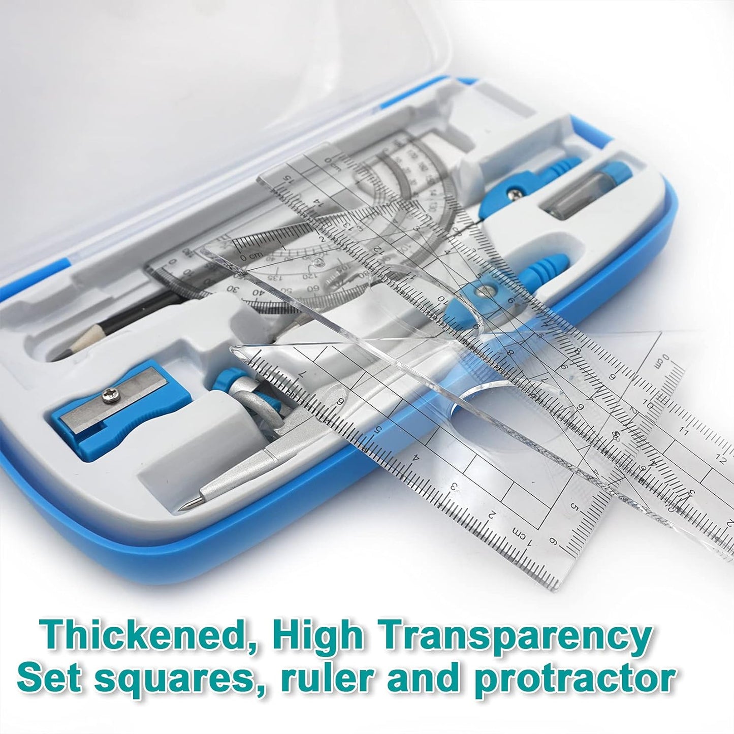 Professional Geometry Starter Kit with Drafting Compasses, Protractor, Set Squares, Ruler, and Additional Tools for Student Math Study, Blue