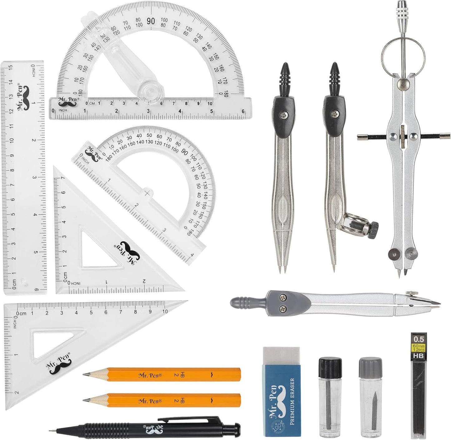 Complete Geometry Set: 15 Piece Toolkit with 6-Inch Swing Arm Protractor, Divider, Set Squares, Ruler, and Compasses for Precision Drawing