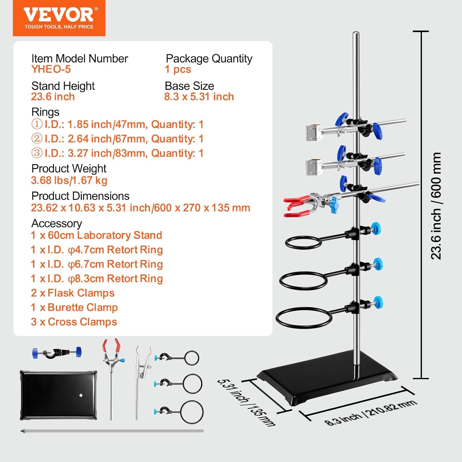 Premium Lab Stand Support Set - 23.6" Steel Rod with Cast Iron Base & Flask, Burette, and Cross Clamps